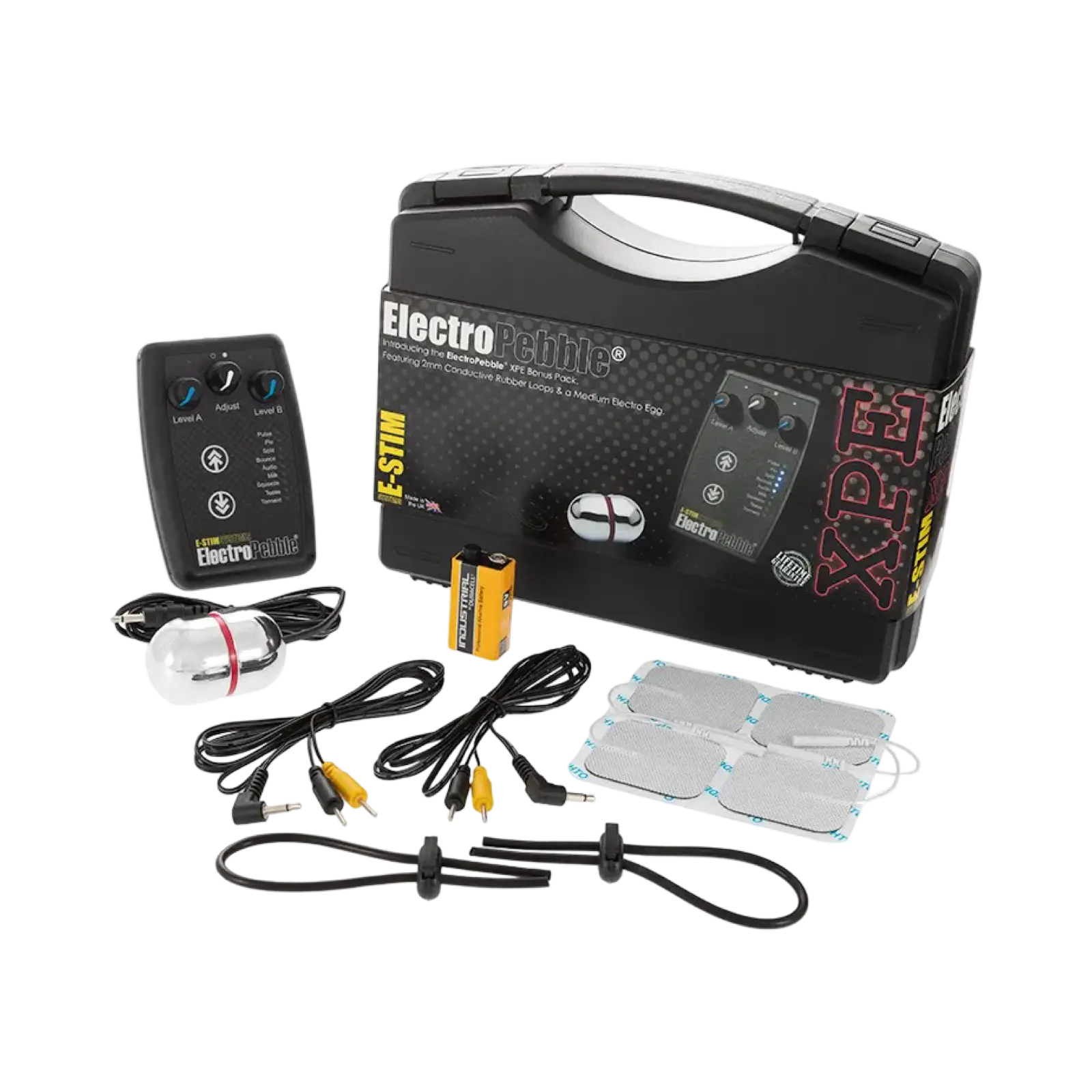 ElectroPebble XPE E-Stim powerboxsæt med powerbox, Medium Electro Egg og Conductive Rubber Loops.