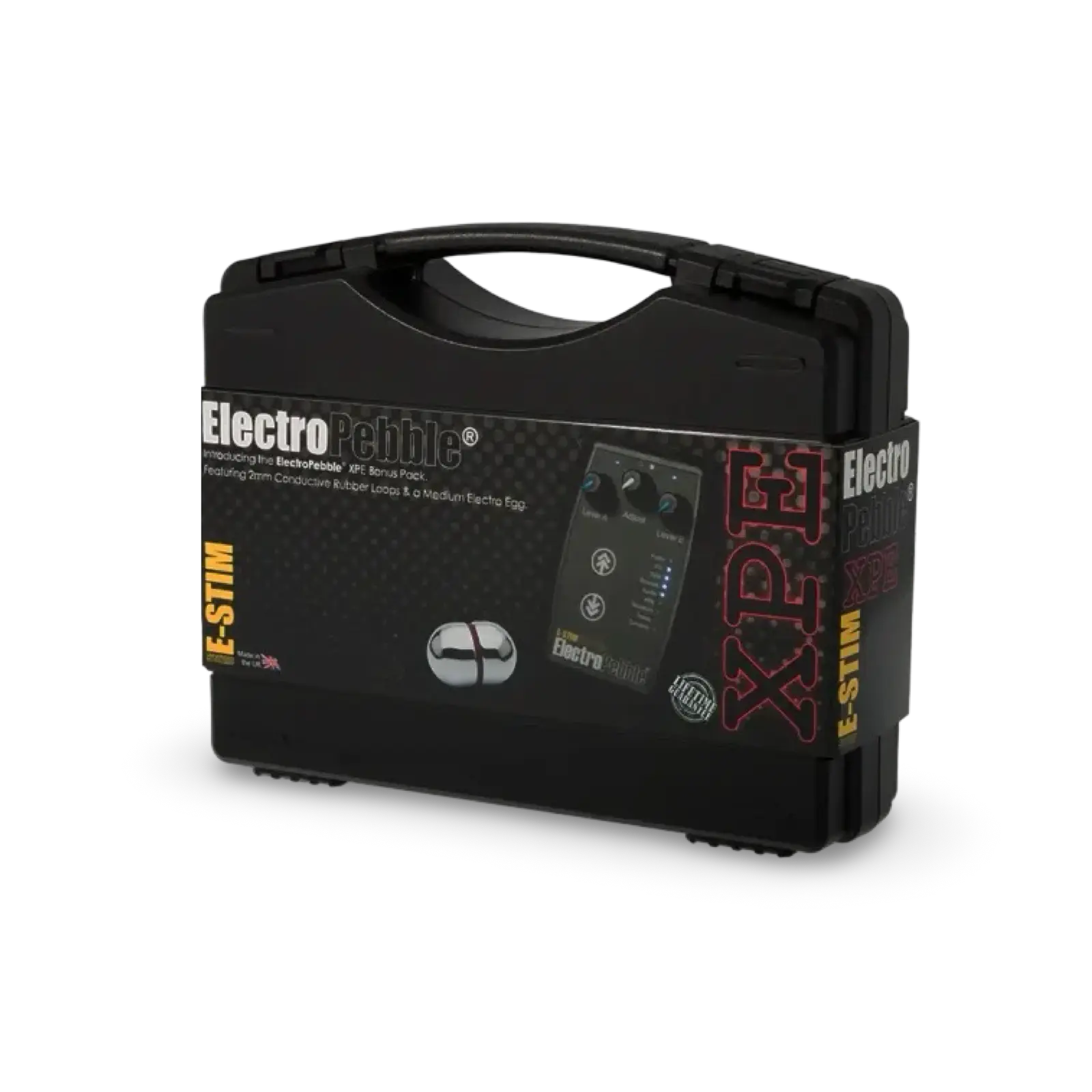 ElectroPebble XPE E-Stim powerboxsæt med powerbox, Medium Electro Egg og Conductive Rubber Loops.