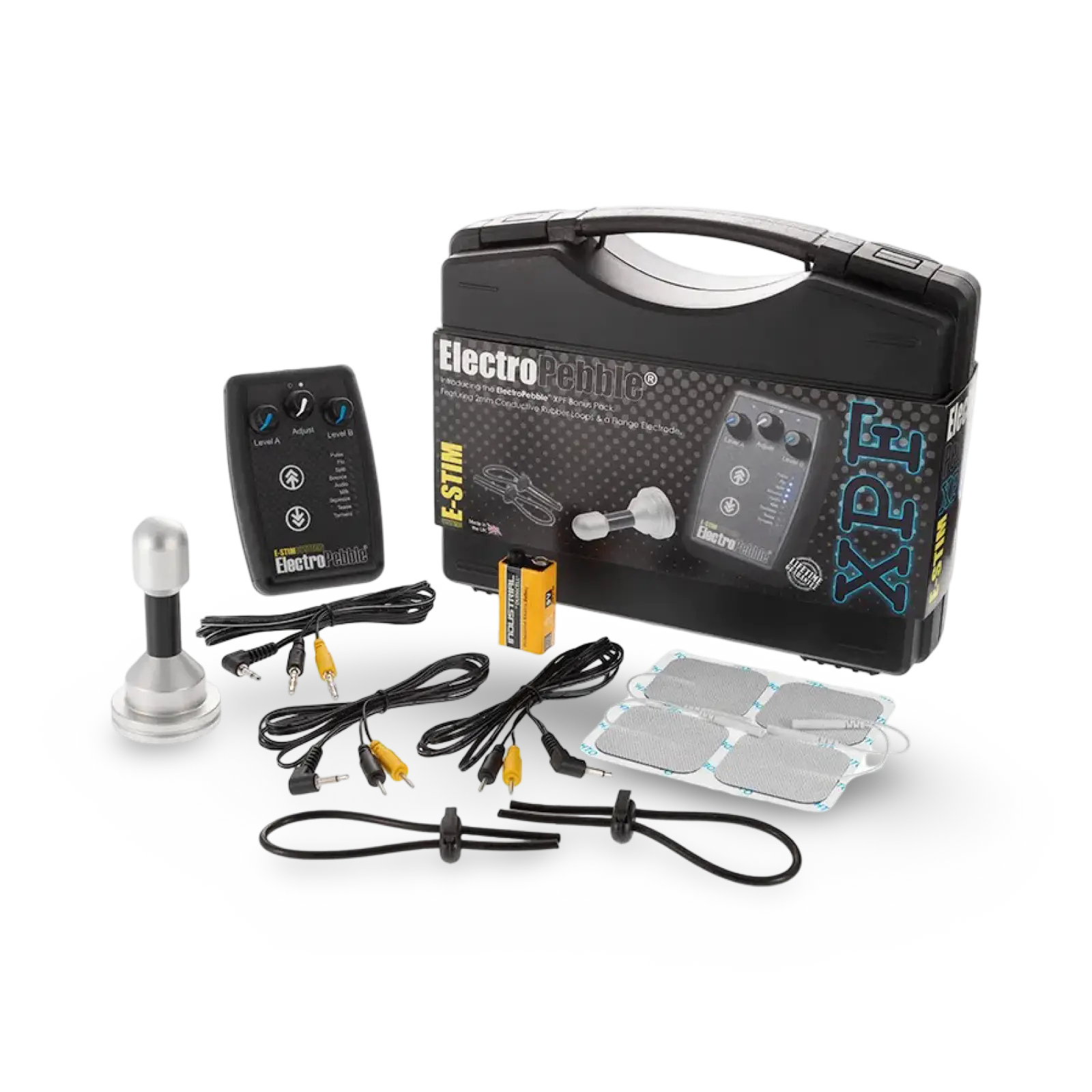 ElectroPebble XPF E-Stim powerbox-sæt med Satin Flange Electrode og Conductive Rubber Loops.
